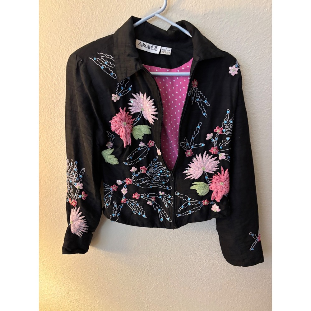 Anage Black 100% Silk Embroidered Floral Sequin Zip Up Jacket S Lining A1214